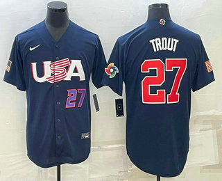 Mens USA Baseball #27 Mike Trout Number 2023 Navy World Baseball Classic Stitched Jersey